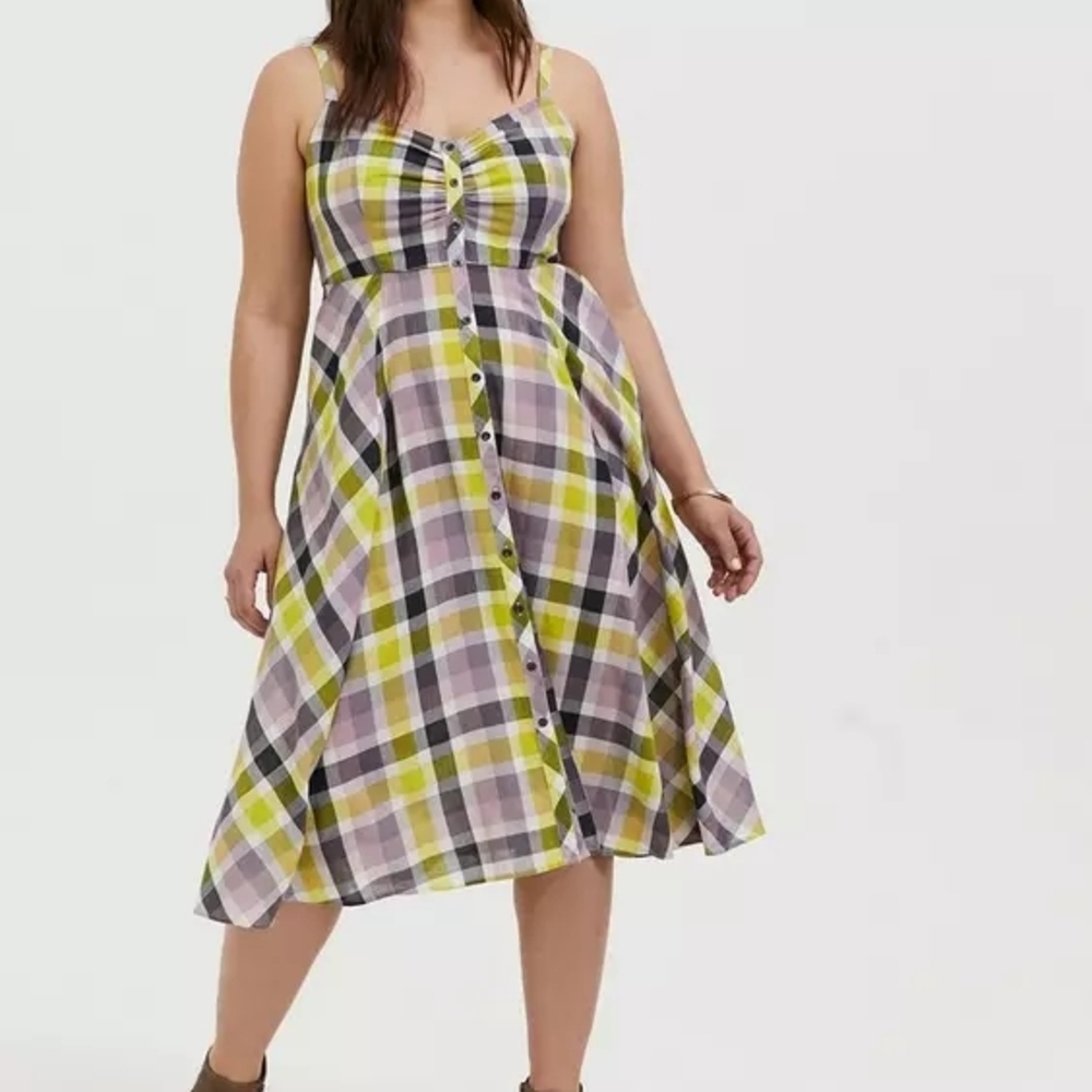 Torrid Plaid Challis Midi Dress Purple Yellow Size 3